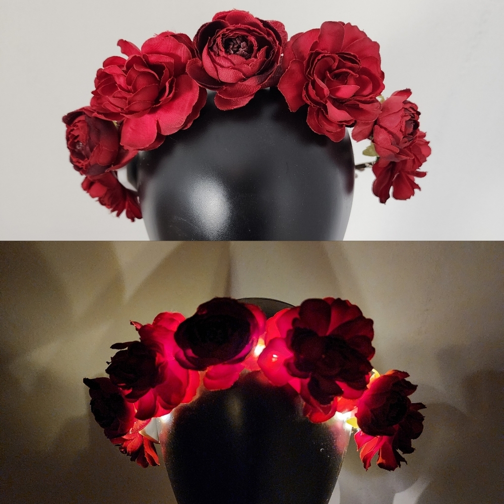 Red Rose Flower Crown LED Light-Up Headband Hair Accesory Costume